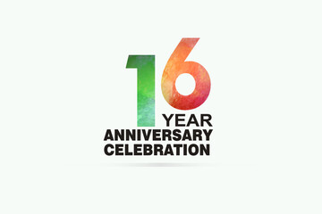 16 year anniversary celebration logotype with watercolor Green and Orange Emboss Style isolated on white background for invitation card, banner or flyer - vector