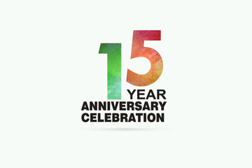 15 year anniversary celebration logotype with watercolor Green and Orange Emboss Style isolated on white background for invitation card, banner or flyer - vector