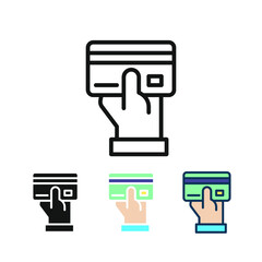 Hand holding credit card or ATM card for purchase. Payment by card in merchant as cashless payment method. Buy, credit card, hand, pay icon. Vector illustration. Design on white background. EPS 10