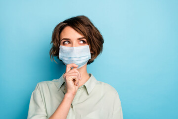 Close-up portrait of her she nice pretty pensive lady wearing gauze mask creating strategy stop contamination personal protect isolated bright vivid shine vibrant blue color background