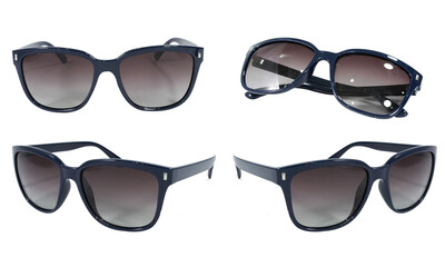 Set Summer Sunglasses of black plastic with polarized gradient isolated on white background. Collection fashion eye glasses stock photo