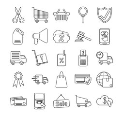 online shopping mobile marketing and e-commerce icons set line style
