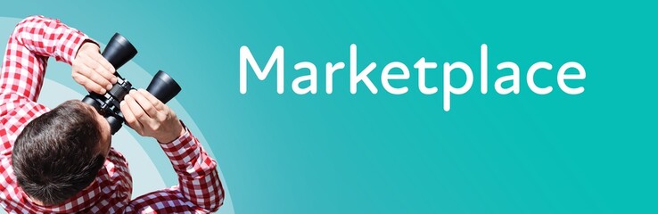 Naklejka premium Marketplace. Businessman (man) looks through binoculars. Birds eye view. Focus on text. Blue Background. Business, Finance, Statistics, Analysis, Economy