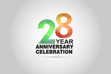 28 year anniversary celebration logotype with watercolor Green and Orange Emboss Style isolated on white background for invitation card, banner or flyer - vector