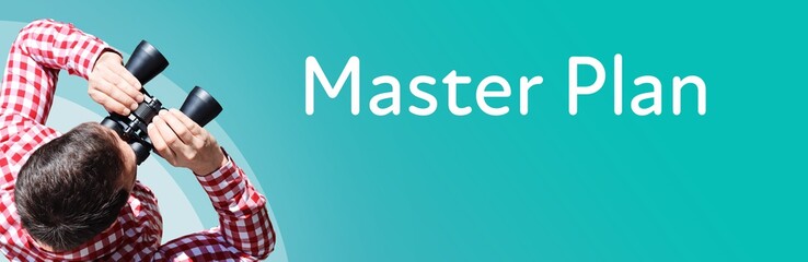 Naklejka premium Master Plan. Businessman (man) looks through binoculars. Birds eye view. Focus on text. Blue Background. Business, Finance, Statistics, Analysis, Economy