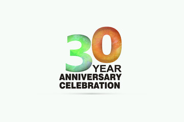 30 year anniversary celebration logotype with watercolor Green and Orange Emboss Style isolated on white background for invitation card, banner or flyer - vector