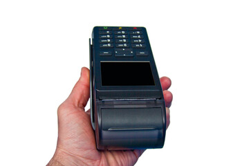 Hand is holding a redit card payment terminal on blank background.