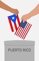 Hand putting paper in the ballot box. Vote in November to decide whether Puerto Rico should become a U.S. state. Voting and election concept. Referendum concept
