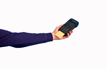 Male hand holding a credit card payment terminal on a white background.