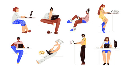 Vector set of people working on a laptop. Man and woman multiracial characters, working remotely at home collection. Remote work, home office character set.