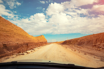 Mountain desert landscape. National Park Makhtesh Ramon Crater in Negev desert, Israel