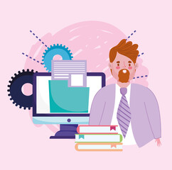 online education teacher computer books and folder file class