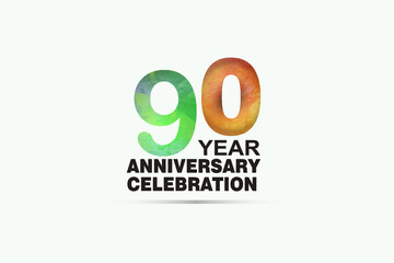 90 year anniversary celebration logotype with watercolor Green and Orange Emboss Style isolated on white background for invitation card, banner or flyer - vector