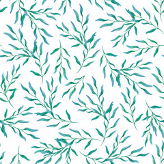 Watercolor seamless pattern of vegetable elements, blue-green twigs with leaves on a white background. Illustration for design, cards, business cards, wedding invitations, fabric, wrapping paper.