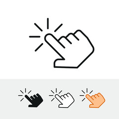 Hand pointer on clicking mouse symbol. Finger mouse cursor illustration for web design. point press button. Hand click icon template. Vector illustration. Design on white background. EPS 10