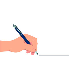Writing hand illustration for write message. Handwriting recognition. Male hand holding marker. Lettering hand. Hand drawing line with pen. Vector illustration. Design on white background. EPS 10