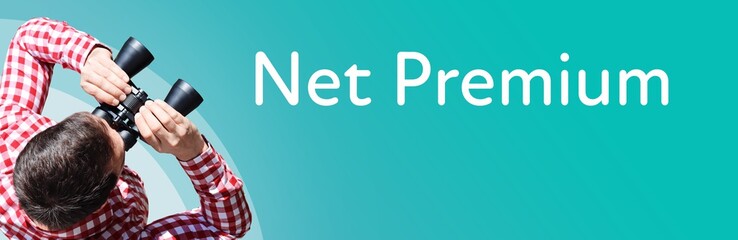 Fototapeta premium Net Premium. Businessman (man) looks through binoculars. Birds eye view. Focus on text. Blue Background. Business, Finance, Statistics, Analysis, Economy