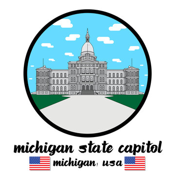 Circle Icon Michigan State Capitol. Vector Illustration.