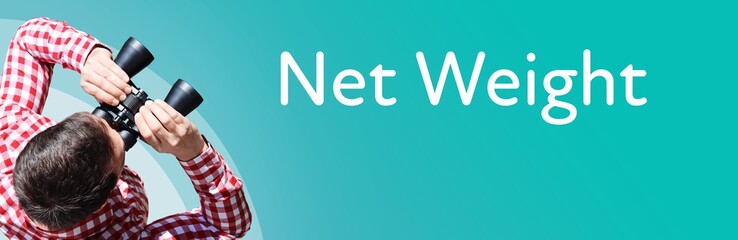 Naklejka premium Net Weight. Businessman (man) looks through binoculars. Birds eye view. Focus on text. Blue Background. Business, Finance, Statistics, Analysis, Economy