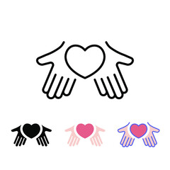 Hands holding heart shape for giving heart. Heart health care, donation, charity, kindness symbol.  Hands with heart icon vector stock illustration. Design on white background. EPS10