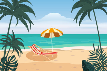 Fototapeta na wymiar Summer Vacation Loungers On Sea Beach Landscape Beautiful Seascape Banner Seaside Holiday Vector Illustration