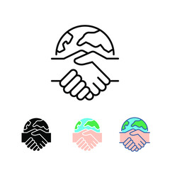 Global handshake sign for collaboration.  International partners, global business contract between international companies. World globe international partnership icon. Vector illustration. EPS10