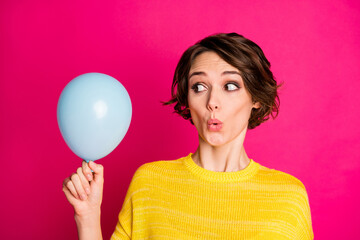 Portrait of astonished girl prepare for event holiday party impressed by blue air balloon scream...