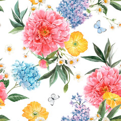 Beautiful seamless pattern with watercolor pink peony, blue hydrangea and lilac summer flowers and butterflies. Stock floral illustration.