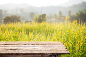 Fototapeta premium Empty wooden table space platform and blurred field or farm background for product display montage
