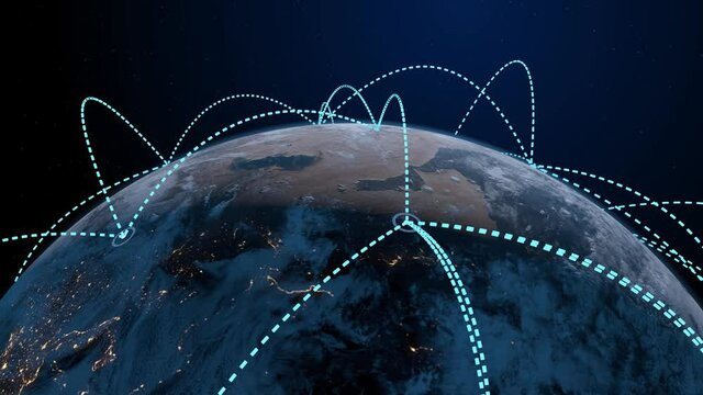 3d animation of a growing network across a realistic earth. Abstract global business network concept