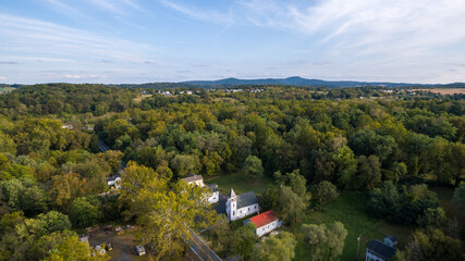 Aerial view over Buckeystown, Frederick County, Maryland. Sugarloaf Mountain is in the background.