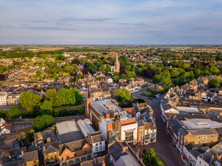 Aerial drone view of Spalding Stonegate clay lake including The Parish Church of Saint Mary and...