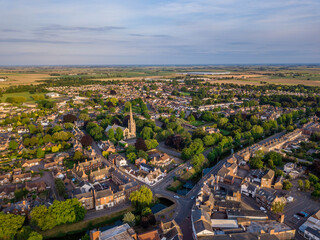Aerial drone view of Spalding Stonegate clay lake including The Parish Church of Saint Mary and...