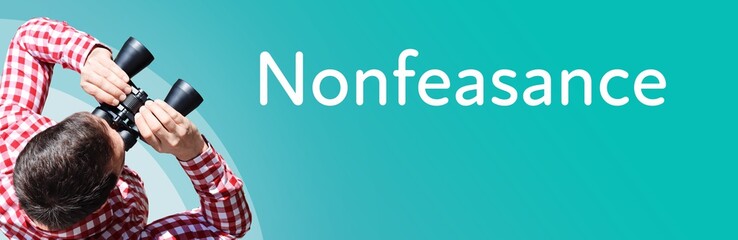 Naklejka premium Nonfeasance. Businessman (man) looks through binoculars. Birds eye view. Focus on text. Blue Background. Business, Finance, Statistics, Analysis, Economy