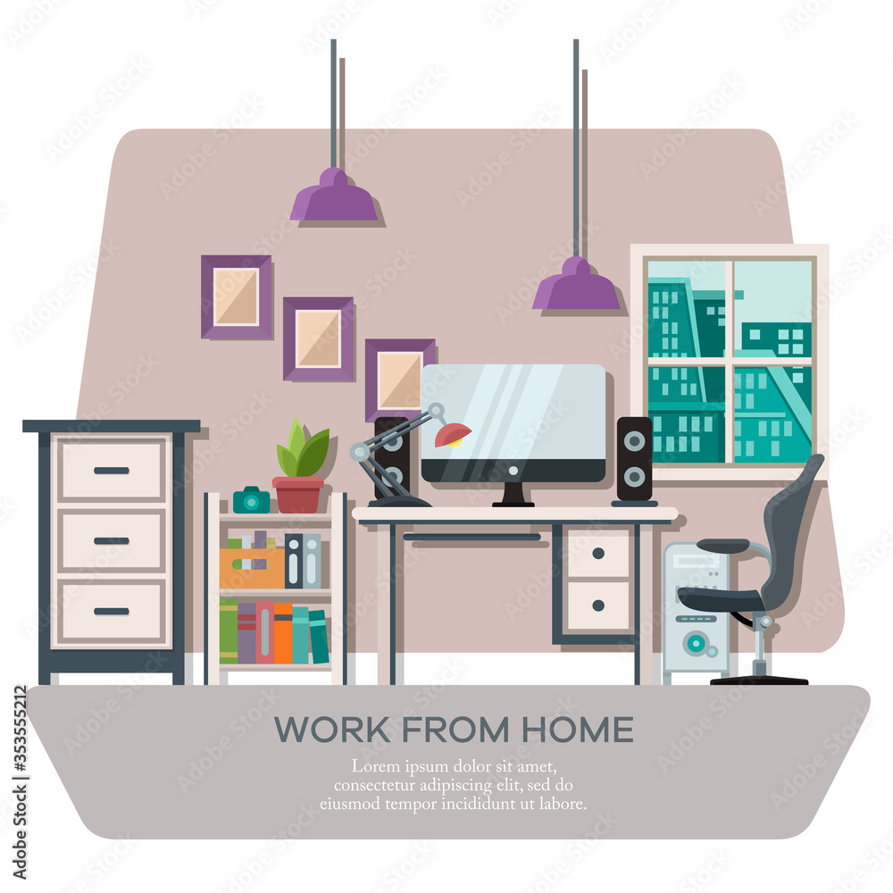 Aufkleber vector illustration of a workspace display complete with work equipment and room furniture with city
