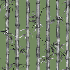 Seamless watercolor bamboo tree pattern. Hand drawn Asian pattern. Forest background. Summer botanical background. 