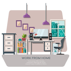 Vector illustration of a workspace display complete with work equipment and room furniture with city window views. Suitable for design elements of the concept of working from home. Comfort workspace.