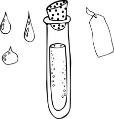 Vector illustration of a test tube with a liquid and a stopper, label and drops in the Doodle style. Black outline on a white background. Laboratory, vessel, medicine, liquid, drink, magic, gas