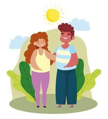 mom dad hugging in the landscape cartoon, family day