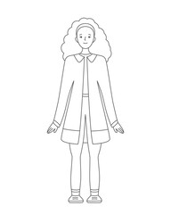 Fototapeta premium Happy beautiful cute girl is standing and smiling. Black and white coloring page