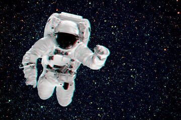 astronaut flies over the white backgrounds. Glitch EffectsElements of this image furnished by NASA