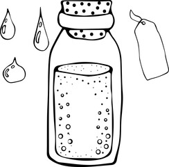 Vector illustration of a bottle with liquid and cork, label and drops in the Doodle style. Black outline on a white background. Laboratory, vessel, medicine, liquid, drink, magic, gas