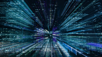 Hi-tech abstract background. Cityscape of skyscrapers of Moscow City Zooming