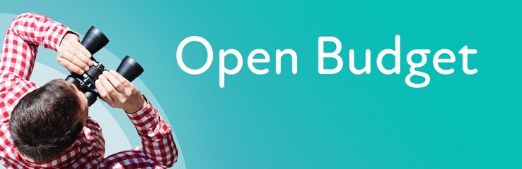 Naklejka premium Open Budget. Businessman (man) looks through binoculars. Birds eye view. Focus on text. Blue Background. Business, Finance, Statistics, Analysis, Economy
