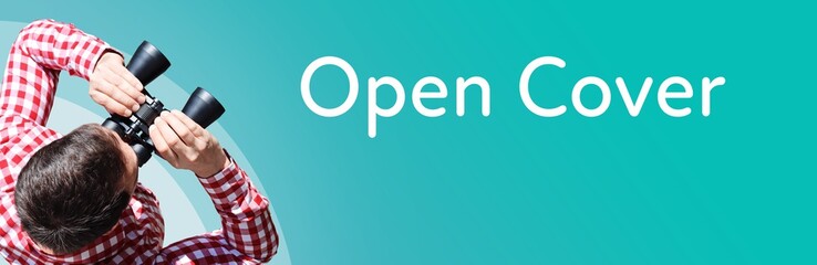 Naklejka premium Open Cover. Businessman (man) looks through binoculars. Birds eye view. Focus on text. Blue Background. Business, Finance, Statistics, Analysis, Economy