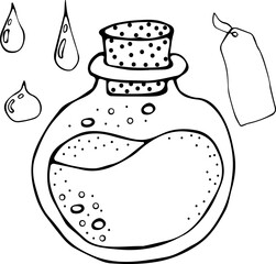 Vector illustration of a bottle with liquid and cork, label and drops in the Doodle style. Black outline on a white background. Laboratory, vessel, medicine, liquid, drink, magic, gas
