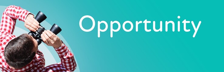 Naklejka premium Opportunity. Businessman (man) looks through binoculars. Birds eye view. Focus on text. Blue Background. Business, Finance, Statistics, Analysis, Economy