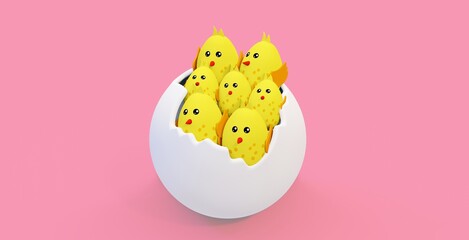 3d render illustration for easter, chicks are sitting in the eggshell, this is a very cute postcard, farm life is eggs