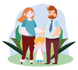 bearded dad mother and son standing in the grass, family day