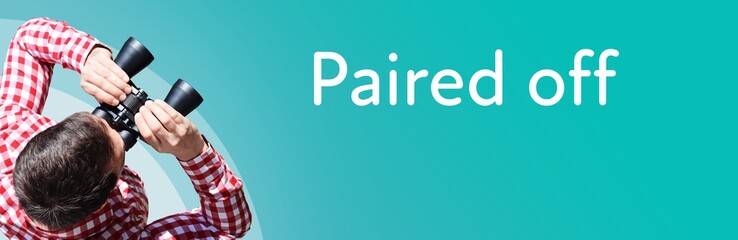 Fototapeta premium Paired off. Businessman (man) looks through binoculars. Birds eye view. Focus on text. Blue Background. Business, Finance, Statistics, Analysis, Economy